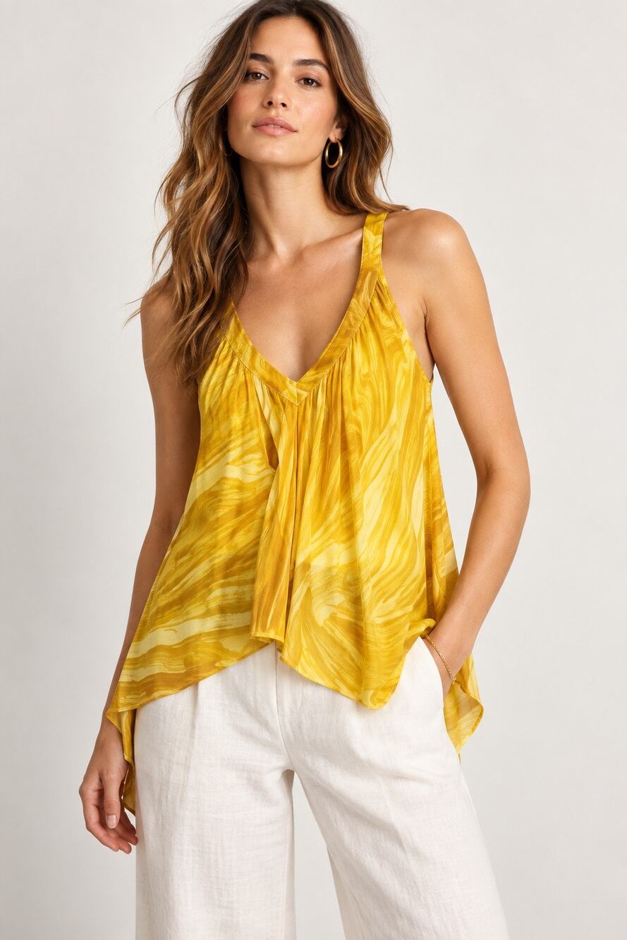 Diane von Furstenberg Falyn Flowy Halter Tank Top Yellow Swirl Print L